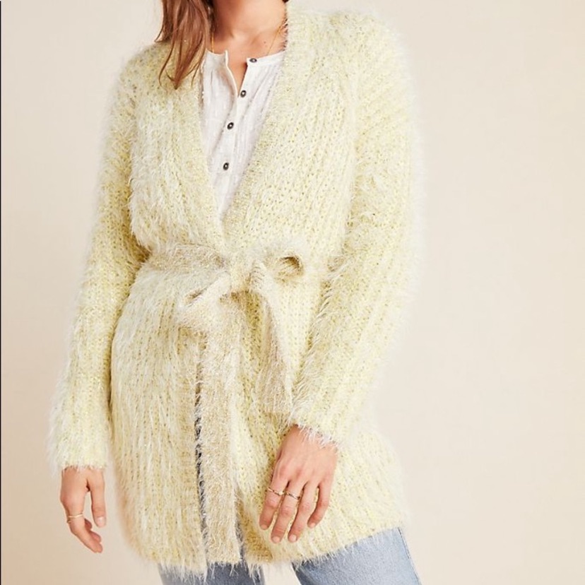 Anthropologie Larkin Yellow Shimmer Sweater New Nwt Medium Large Cardigan Belt